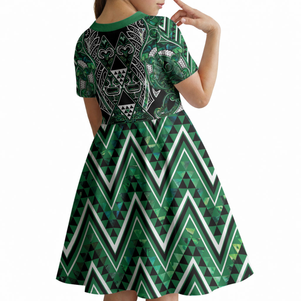Aotearoa Ngai Tahu Kid Short Sleeve Dress Maori Tribal Dark Green Paua Shell Pattern