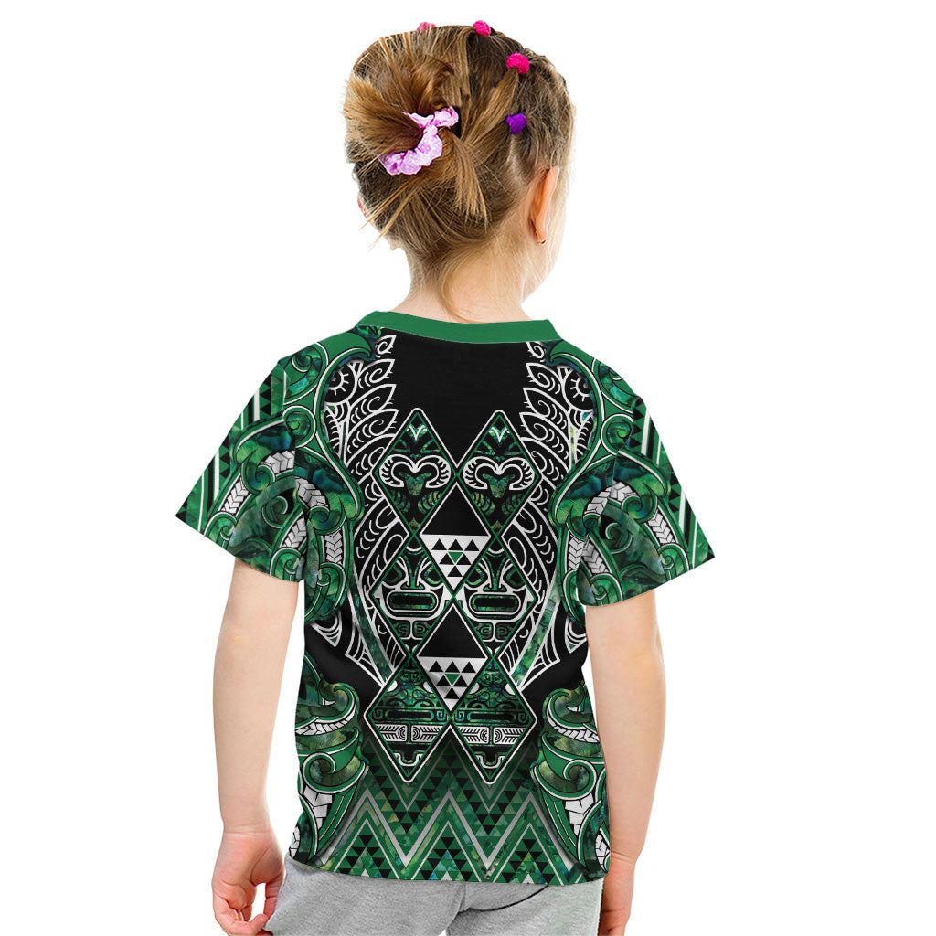 Aotearoa Ngai Tahu Kid T Shirt Maori Tribal Dark Green Paua Shell Pattern