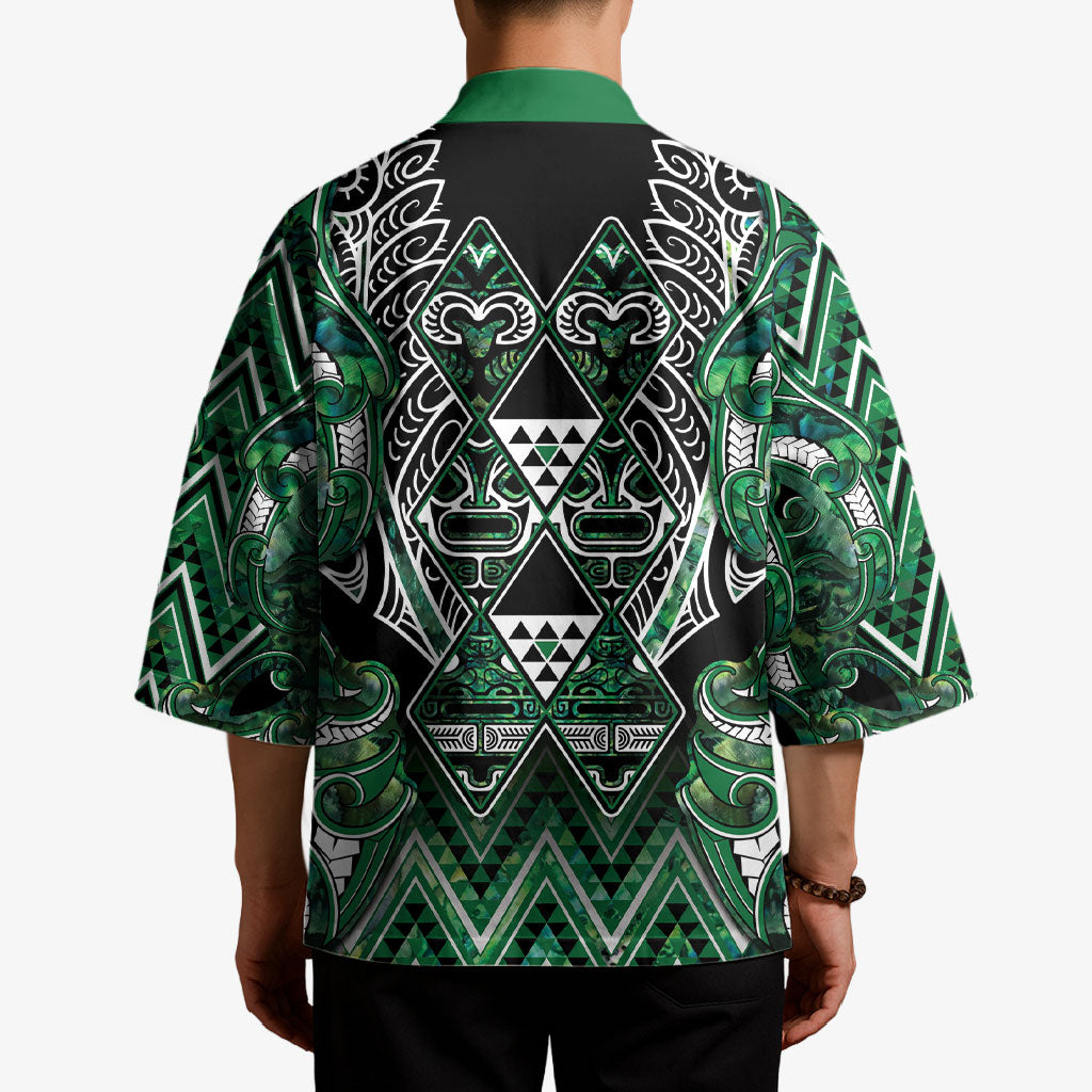 Aotearoa Ngai Tahu Kimono Maori Tribal Dark Green Paua Shell Pattern