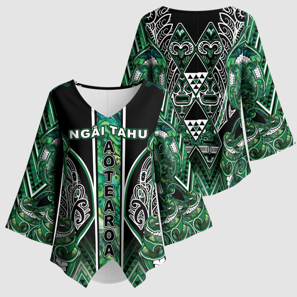 Aotearoa Ngai Tahu Kimono Sleeve Blouse Maori Tribal Dark Green Paua Shell Pattern