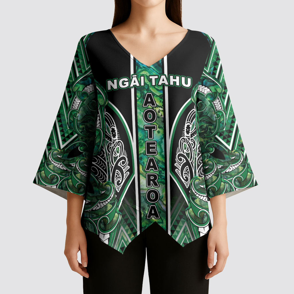 Aotearoa Ngai Tahu Kimono Sleeve Blouse Maori Tribal Dark Green Paua Shell Pattern