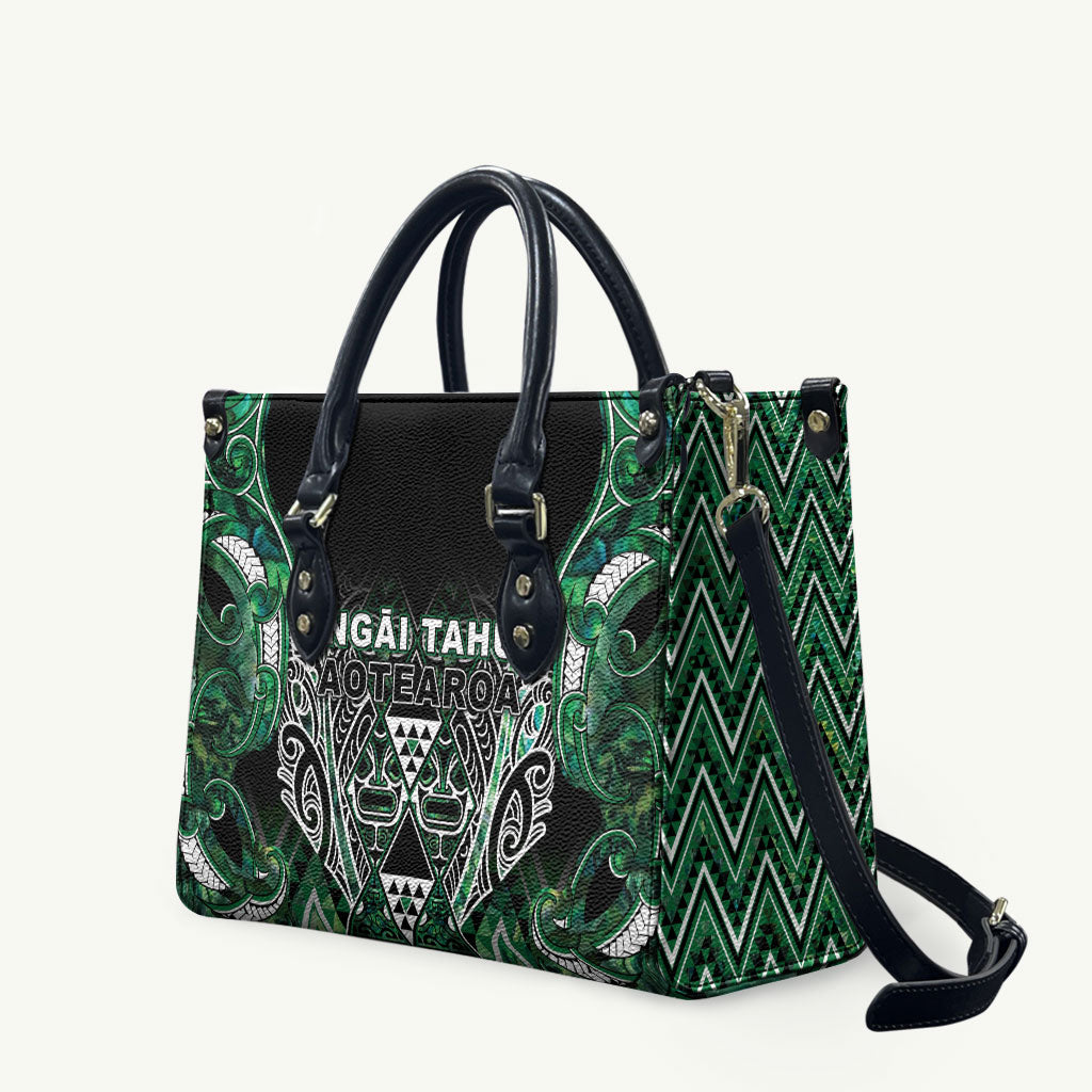 Aotearoa Ngai Tahu Leather Bag Maori Tribal Dark Green Paua Shell Pattern DT05 Green - Polynesian Pride