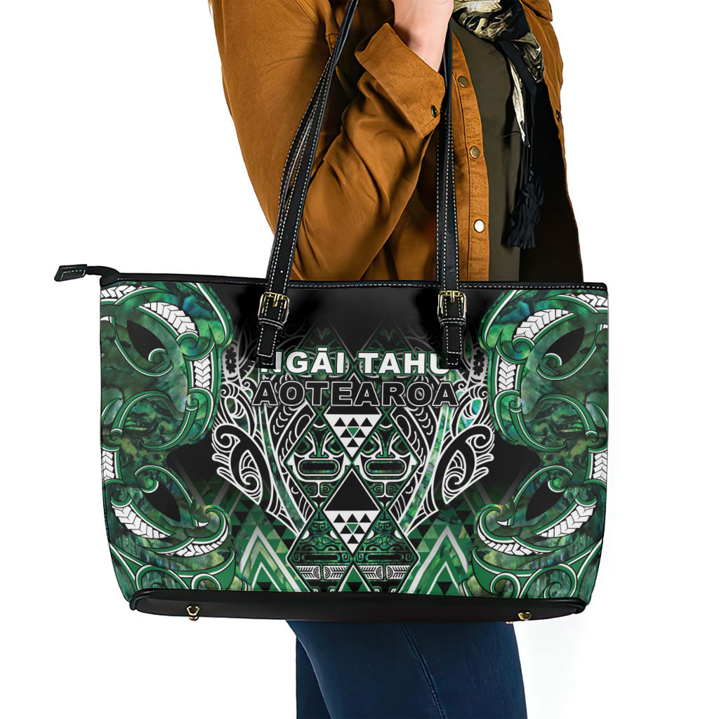 Aotearoa Ngai Tahu Leather Tote Bag Maori Tribal Dark Green Paua Shell Pattern