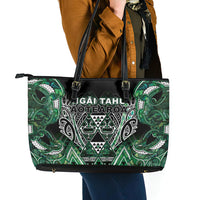 Aotearoa Ngai Tahu Leather Tote Bag Maori Tribal Dark Green Paua Shell Pattern