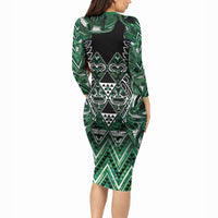 Aotearoa Ngai Tahu Long Sleeve Bodycon Dress Maori Tribal Dark Green Paua Shell Pattern