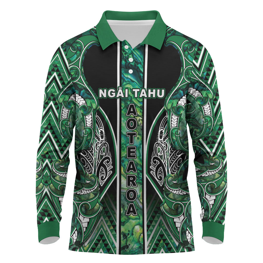 Aotearoa Ngai Tahu Long Sleeve Polo Shirt Maori Tribal Dark Green Paua Shell Pattern DT05 Green - Polynesian Pride