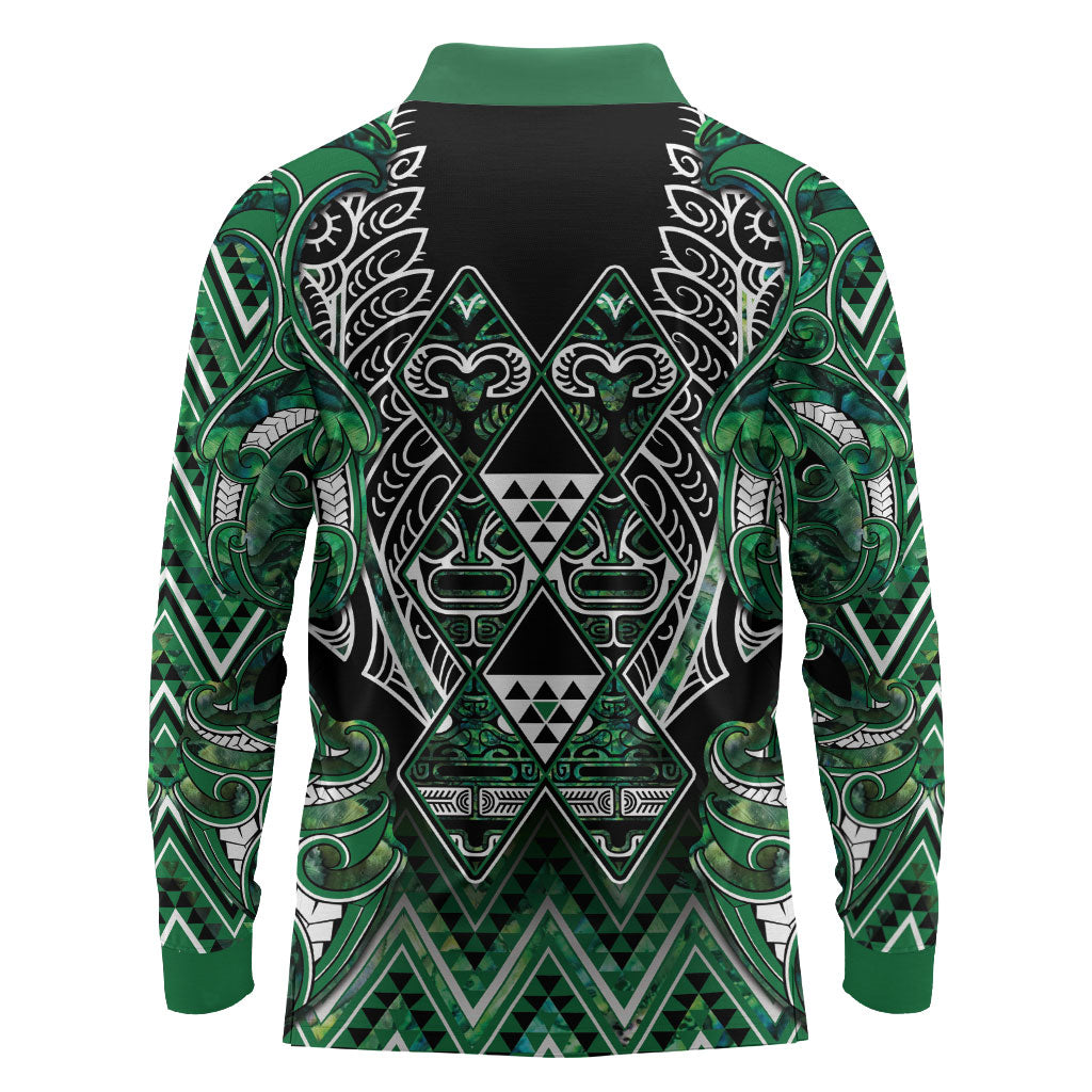 Aotearoa Ngai Tahu Long Sleeve Polo Shirt Maori Tribal Dark Green Paua Shell Pattern