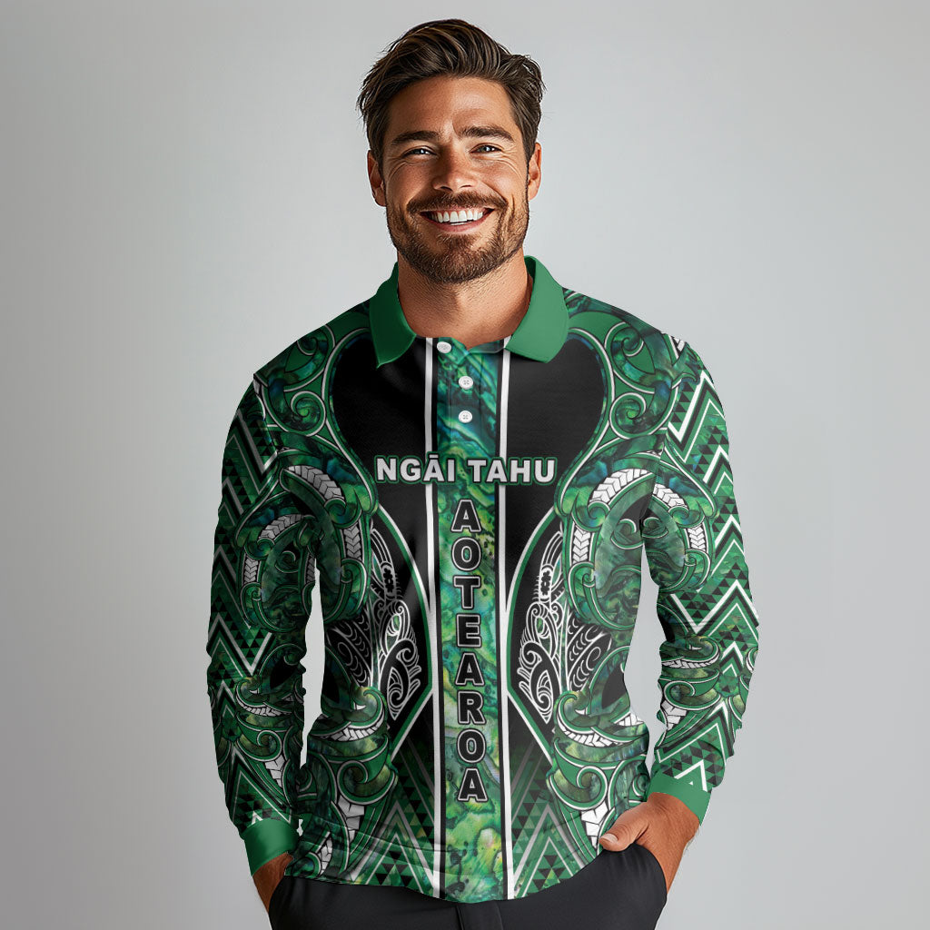 Aotearoa Ngai Tahu Long Sleeve Polo Shirt Maori Tribal Dark Green Paua Shell Pattern