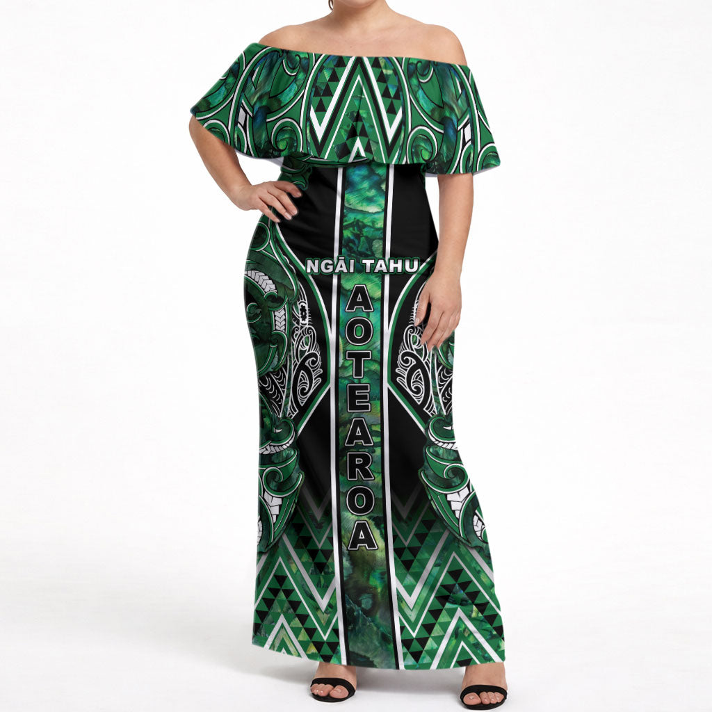 Aotearoa Ngai Tahu Off Shoulder Maxi Dress Maori Tribal Dark Green Paua Shell Pattern