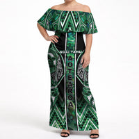 Aotearoa Ngai Tahu Off Shoulder Maxi Dress Maori Tribal Dark Green Paua Shell Pattern