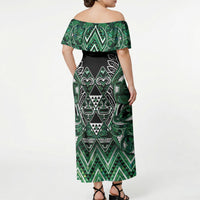 Aotearoa Ngai Tahu Off Shoulder Maxi Dress Maori Tribal Dark Green Paua Shell Pattern