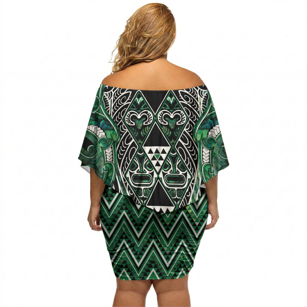Aotearoa Ngai Tahu Off Shoulder Short Dress Maori Tribal Dark Green Paua Shell Pattern