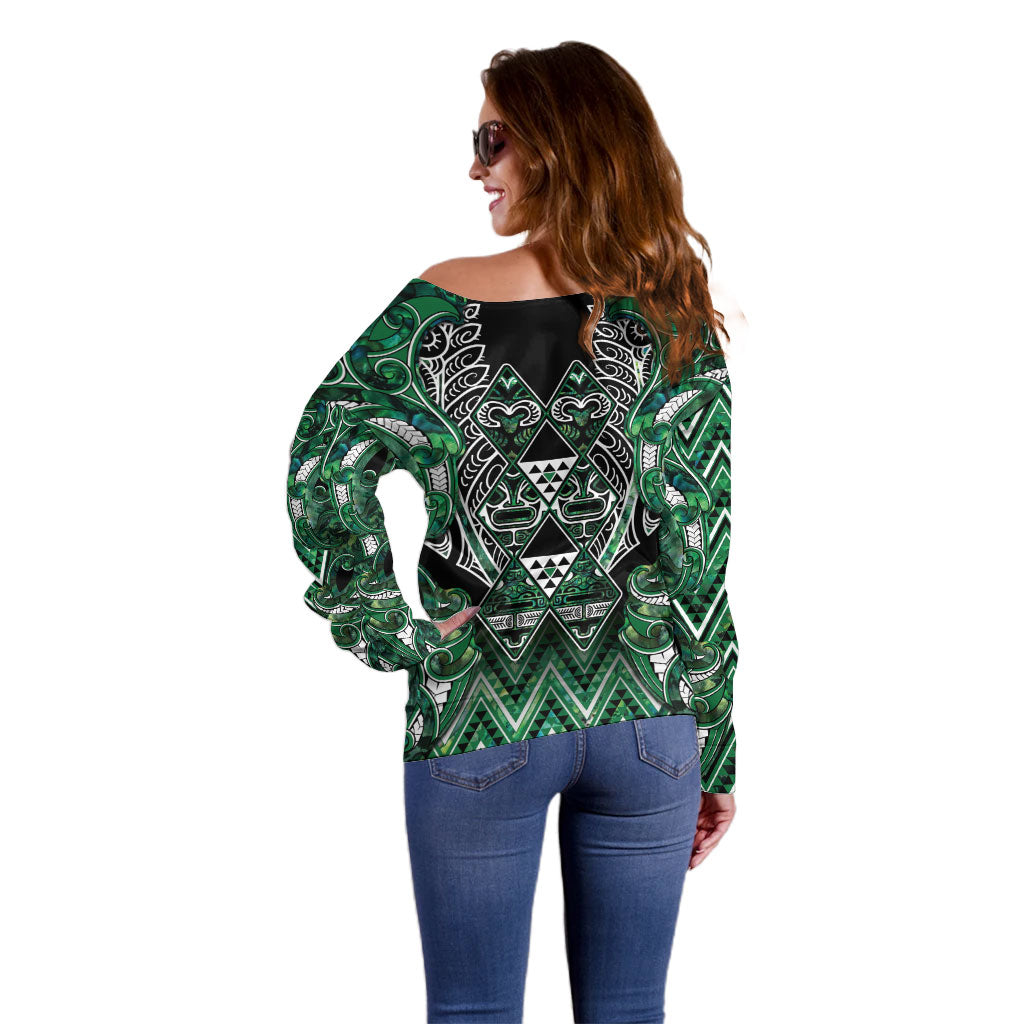 Aotearoa Ngai Tahu Off Shoulder Sweater Maori Tribal Dark Green Paua Shell Pattern