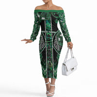 Aotearoa Ngai Tahu Off The Shoulder Long Sleeve Dress Maori Tribal Dark Green Paua Shell Pattern
