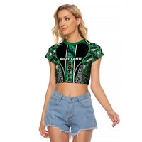 Aotearoa Ngai Tahu Raglan Cropped T Shirt Maori Tribal Dark Green Paua Shell Pattern