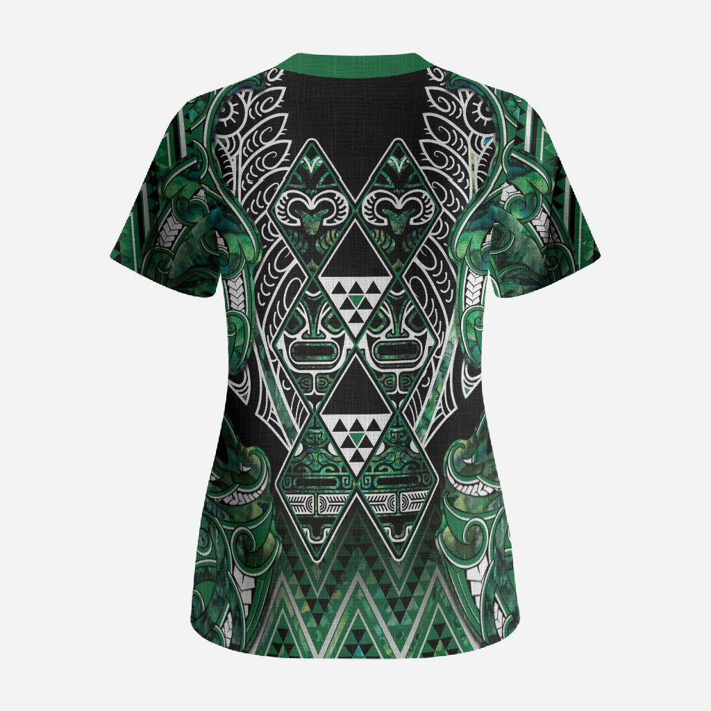 Aotearoa Ngai Tahu Scrub Top Maori Tribal Dark Green Paua Shell Pattern