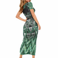 Aotearoa Ngai Tahu Short Sleeve Bodycon Dress Maori Tribal Dark Green Paua Shell Pattern