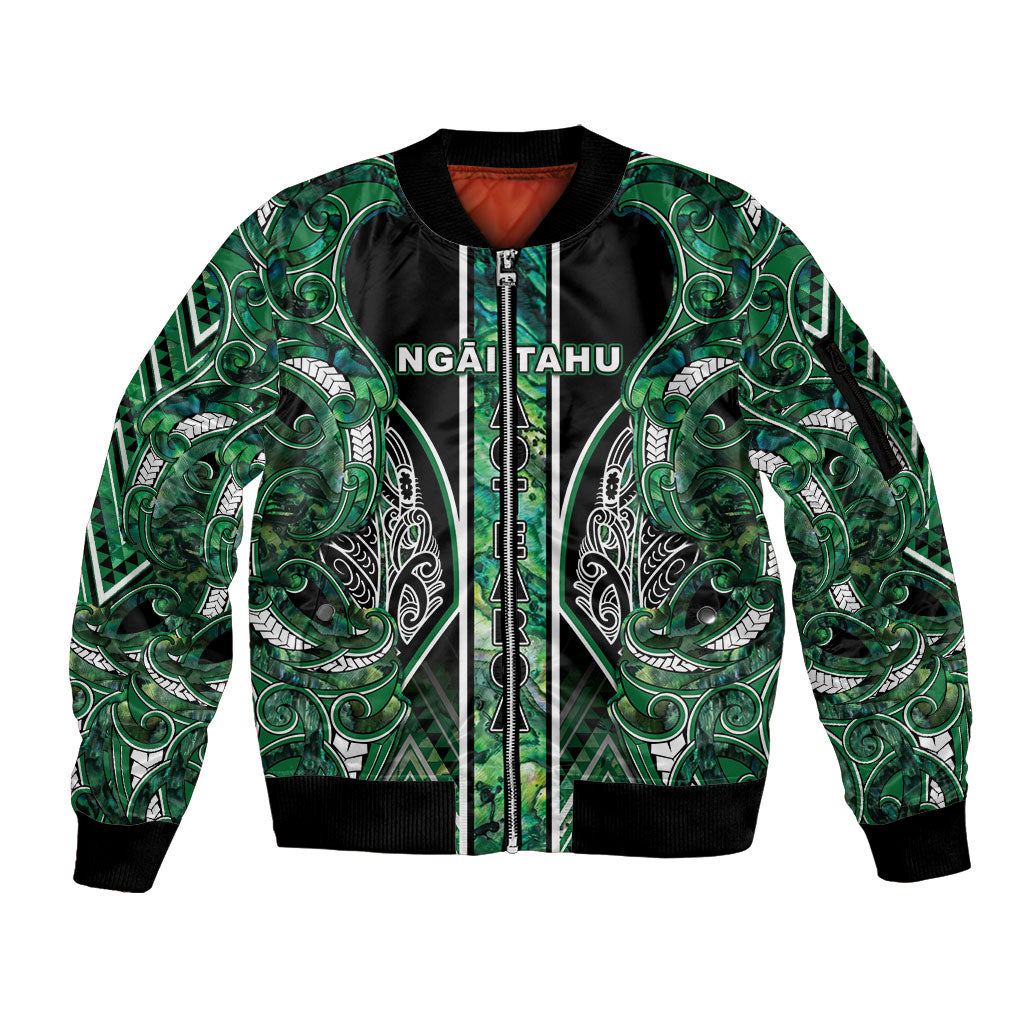 Aotearoa Ngai Tahu Sleeve Zip Bomber Jacket Maori Tribal Dark Green Paua Shell Pattern DT05 Unisex Green - Polynesian Pride