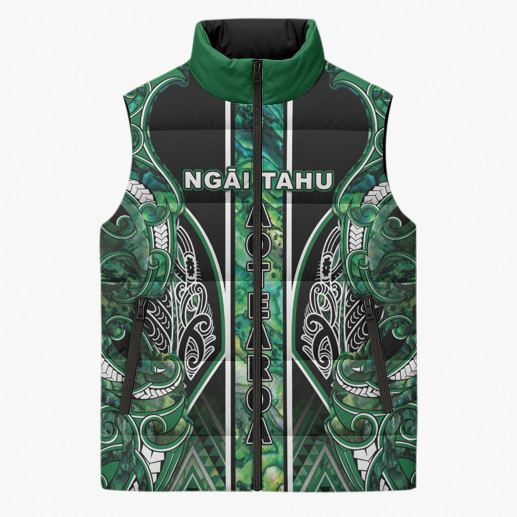 Aotearoa Ngai Tahu Sleeveless Puffer Jacket Maori Tribal Dark Green Paua Shell Pattern