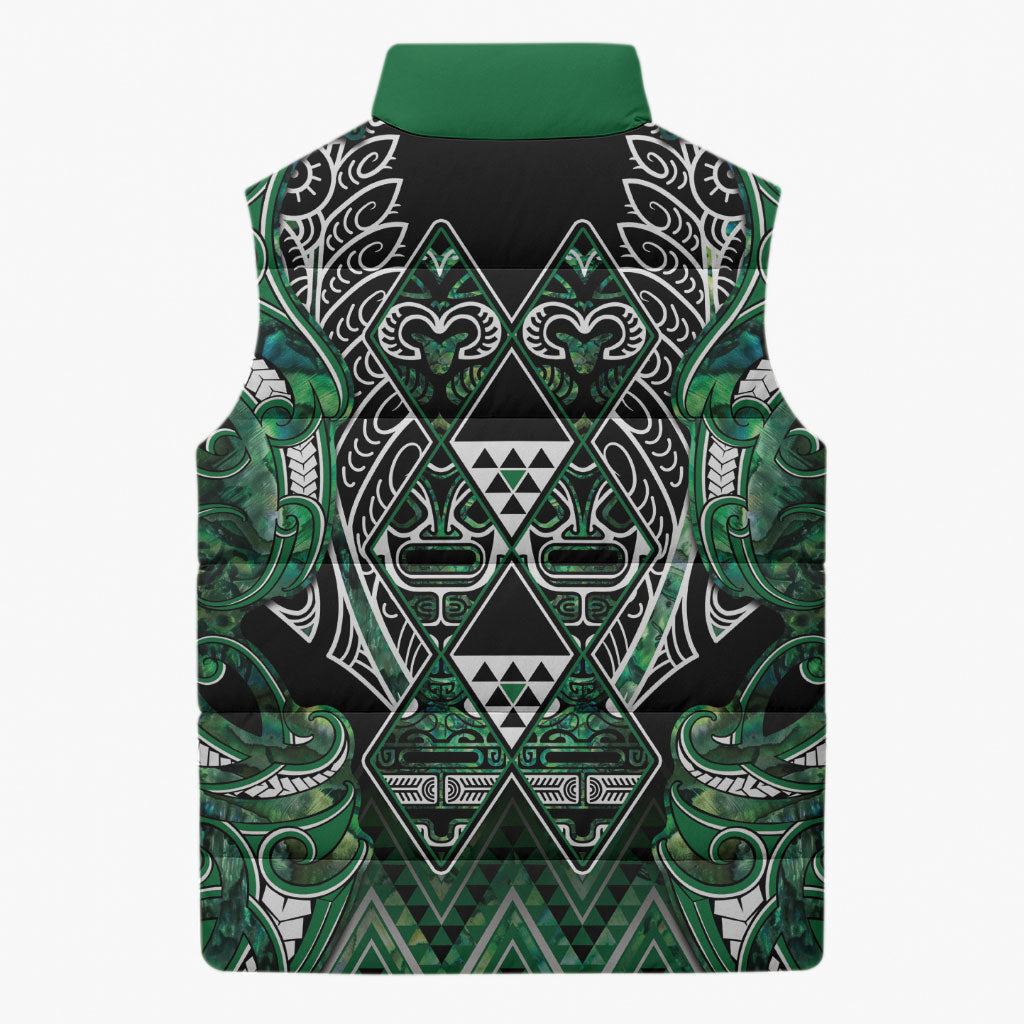 Aotearoa Ngai Tahu Sleeveless Puffer Jacket Maori Tribal Dark Green Paua Shell Pattern