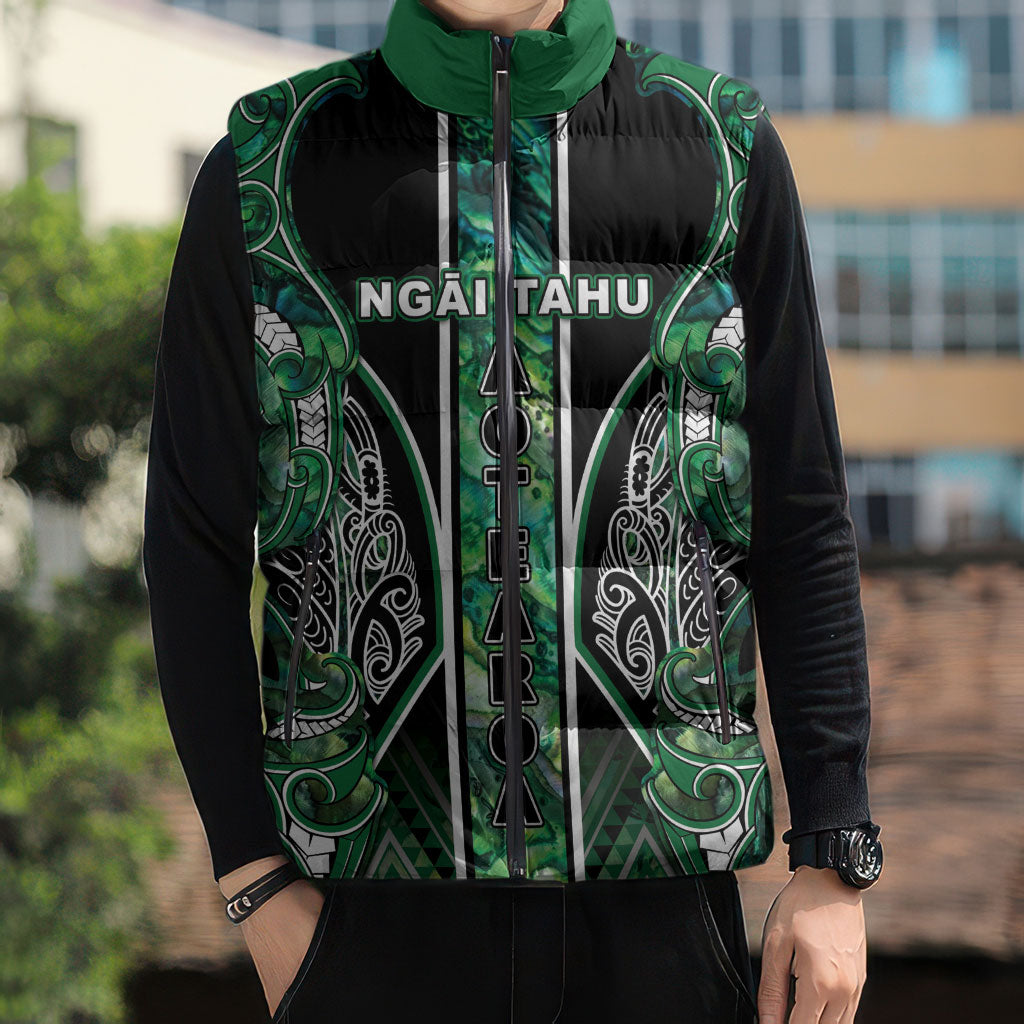 Aotearoa Ngai Tahu Sleeveless Puffer Jacket Maori Tribal Dark Green Paua Shell Pattern