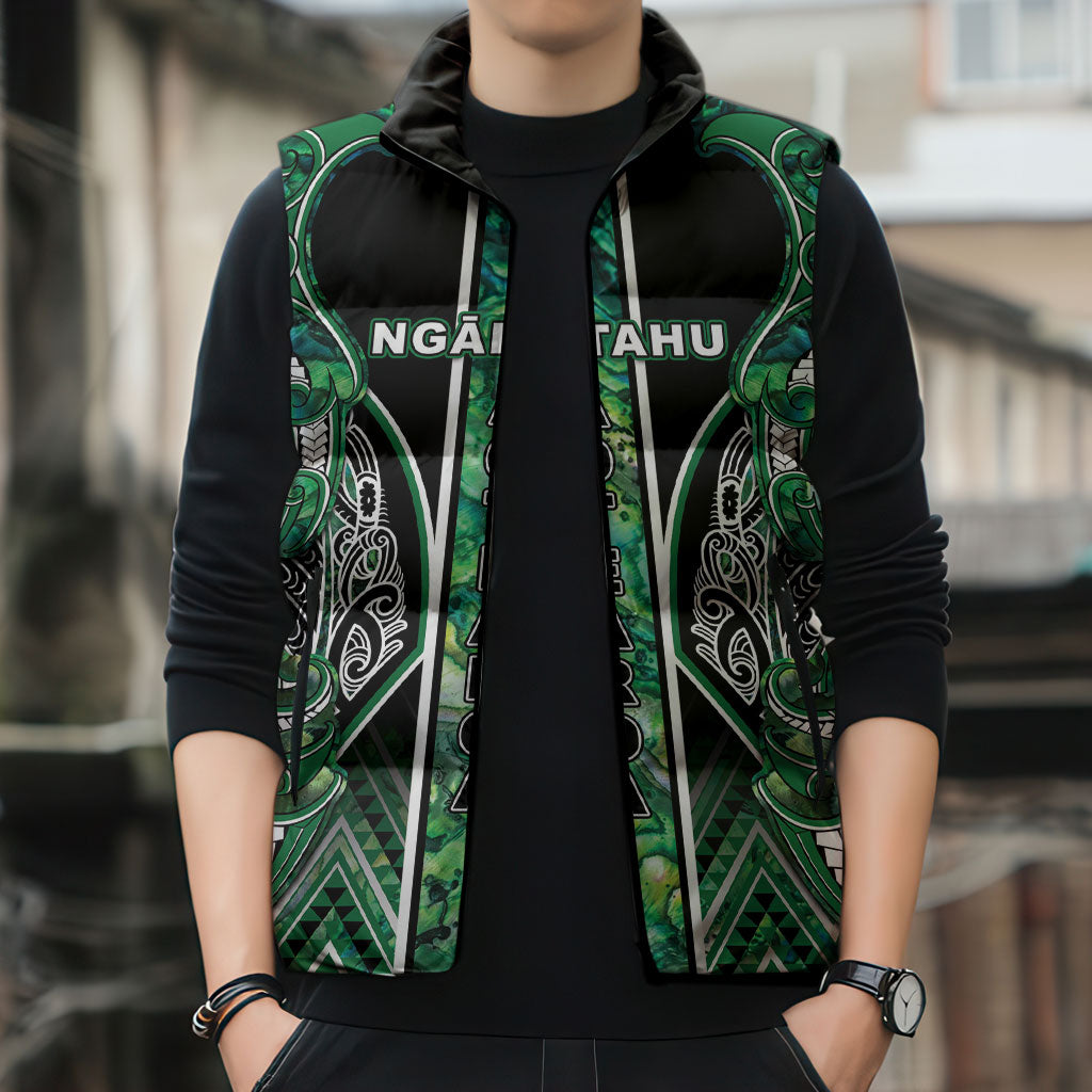 Aotearoa Ngai Tahu Sleeveless Puffer Jacket Maori Tribal Dark Green Paua Shell Pattern