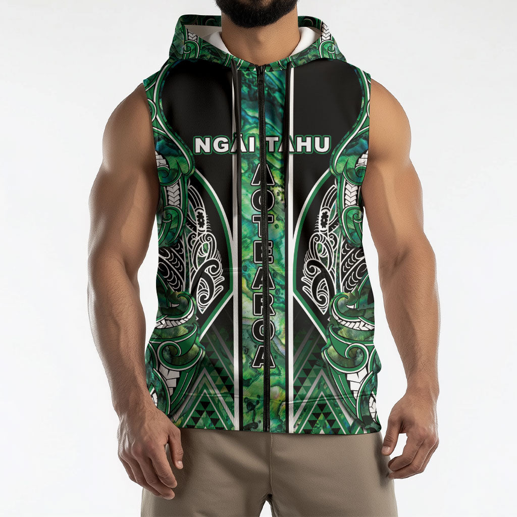 Aotearoa Ngai Tahu Sleeveless Zip Hoodie Maori Tribal Dark Green Paua Shell Pattern