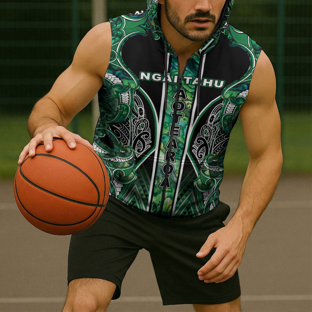 Aotearoa Ngai Tahu Sleeveless Zip Hoodie Maori Tribal Dark Green Paua Shell Pattern