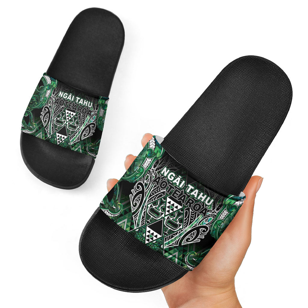 Aotearoa Ngai Tahu Slide Sandals Maori Tribal Dark Green Paua Shell Pattern