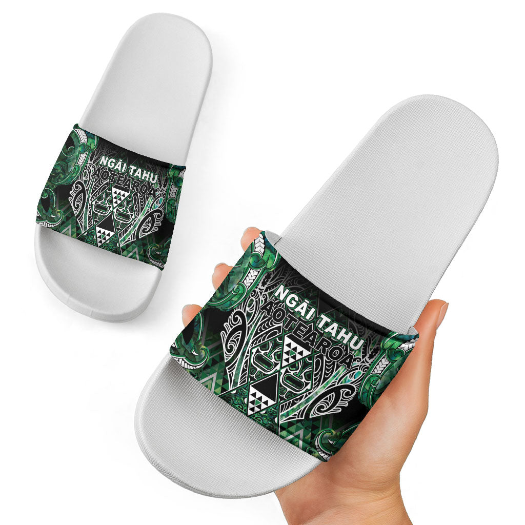 Aotearoa Ngai Tahu Slide Sandals Maori Tribal Dark Green Paua Shell Pattern