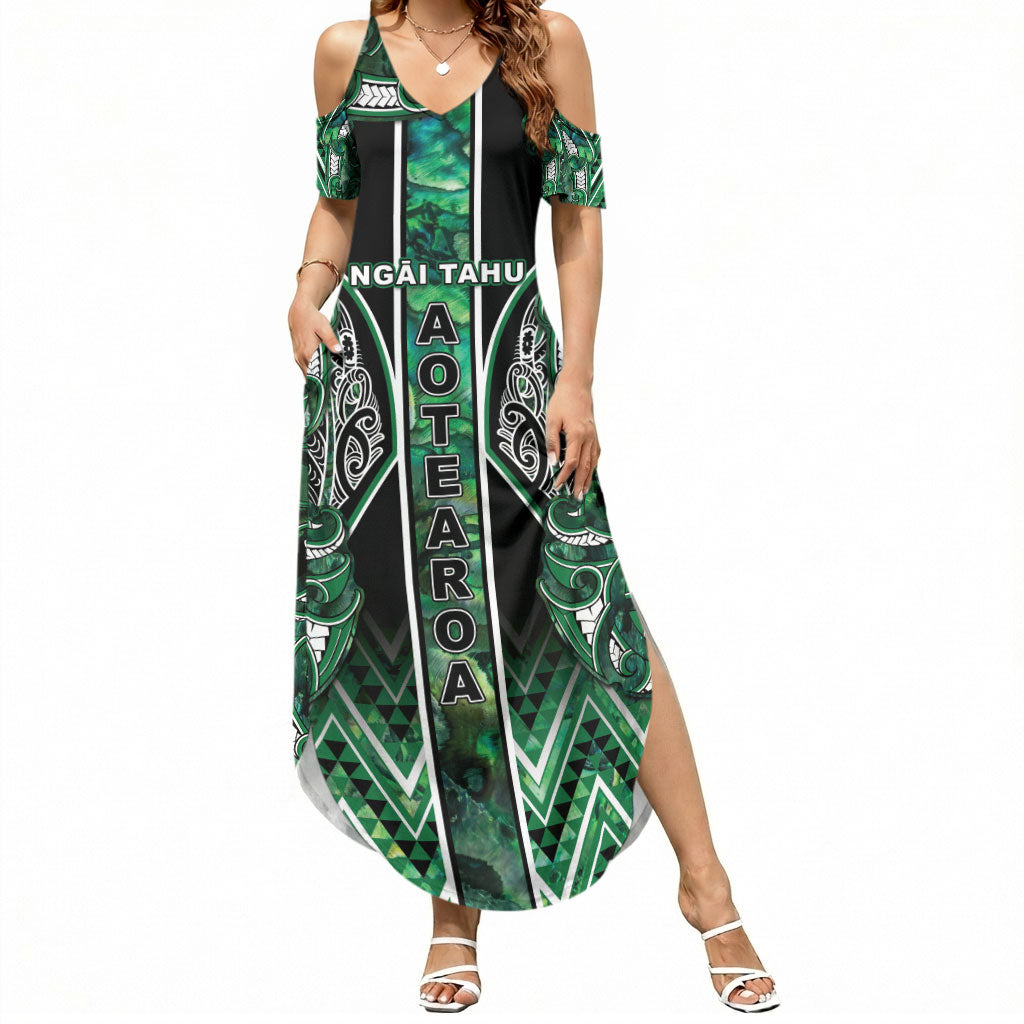 Aotearoa Ngai Tahu Summer Maxi Dress Maori Tribal Dark Green Paua Shell Pattern