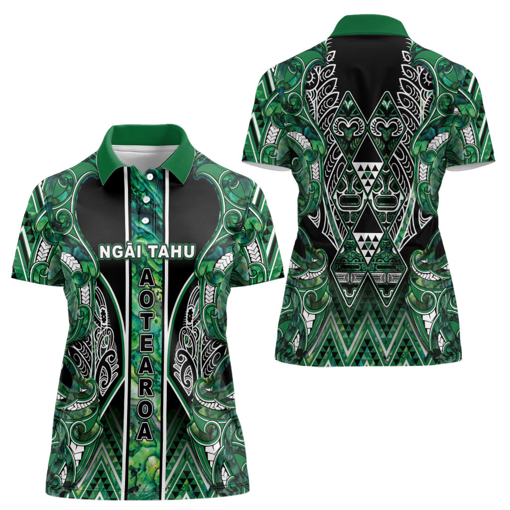 Aotearoa Ngai Tahu Women Polo Shirt Maori Tribal Dark Green Paua Shell Pattern