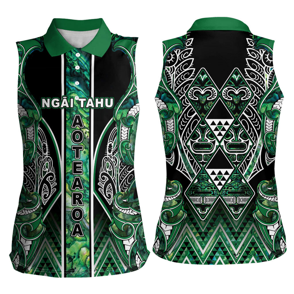 Aotearoa Ngai Tahu Women Sleeveless Polo Shirt Maori Tribal Dark Green Paua Shell Pattern
