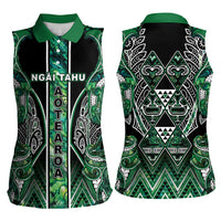 Aotearoa Ngai Tahu Women Sleeveless Polo Shirt Maori Tribal Dark Green Paua Shell Pattern