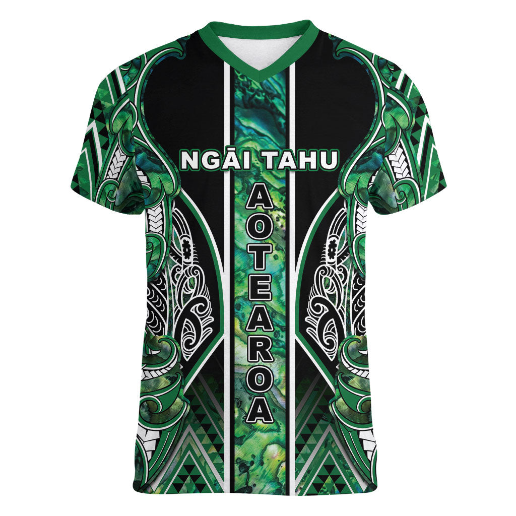Aotearoa Ngai Tahu Women V-Neck T-Shirt Maori Tribal Dark Green Paua Shell Pattern DT05 Female Green - Polynesian Pride
