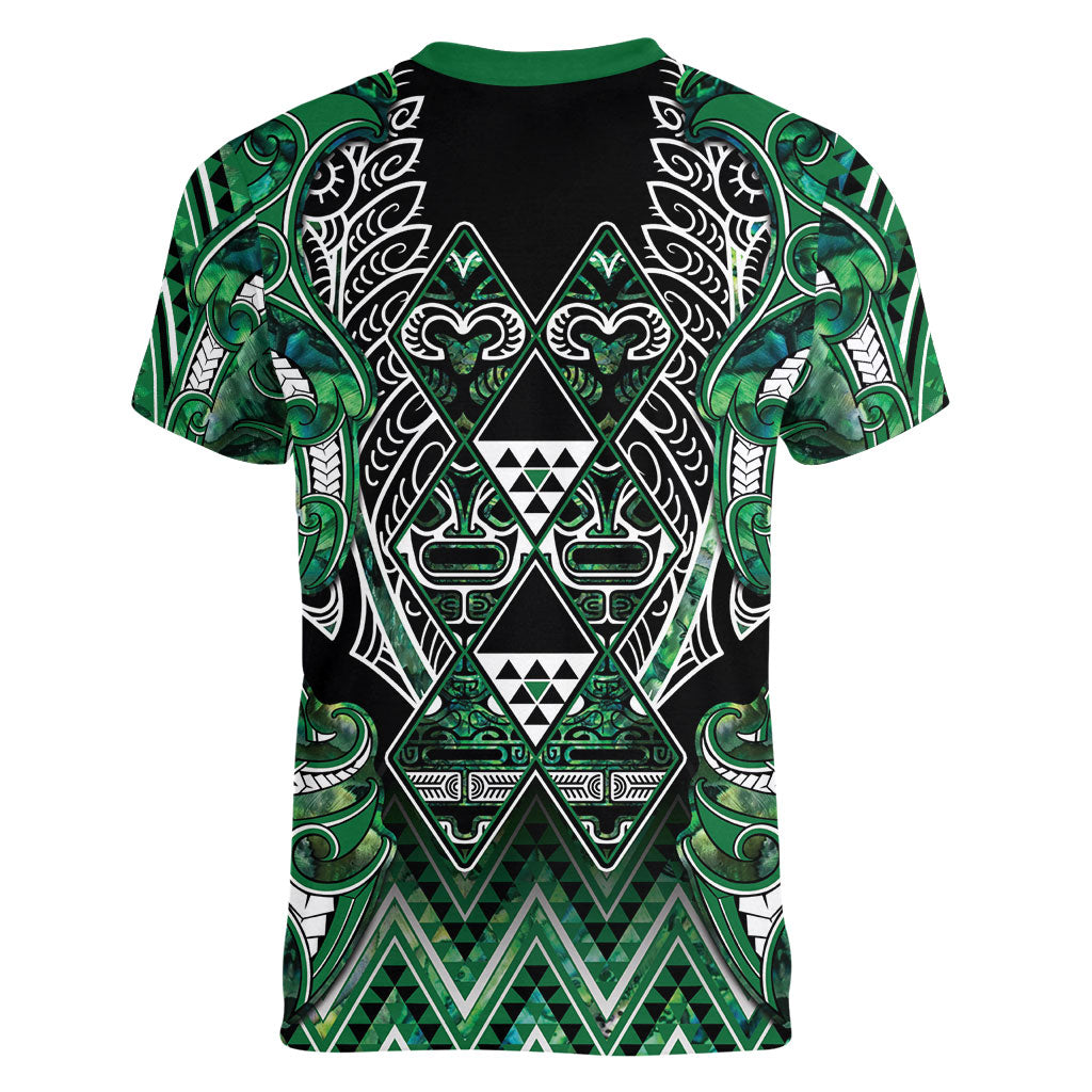 Aotearoa Ngai Tahu Women V-Neck T-Shirt Maori Tribal Dark Green Paua Shell Pattern