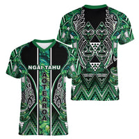 Aotearoa Ngai Tahu Women V-Neck T-Shirt Maori Tribal Dark Green Paua Shell Pattern
