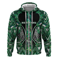Aotearoa Ngai Tahu Zip Hoodie Maori Tribal Dark Green Paua Shell Pattern