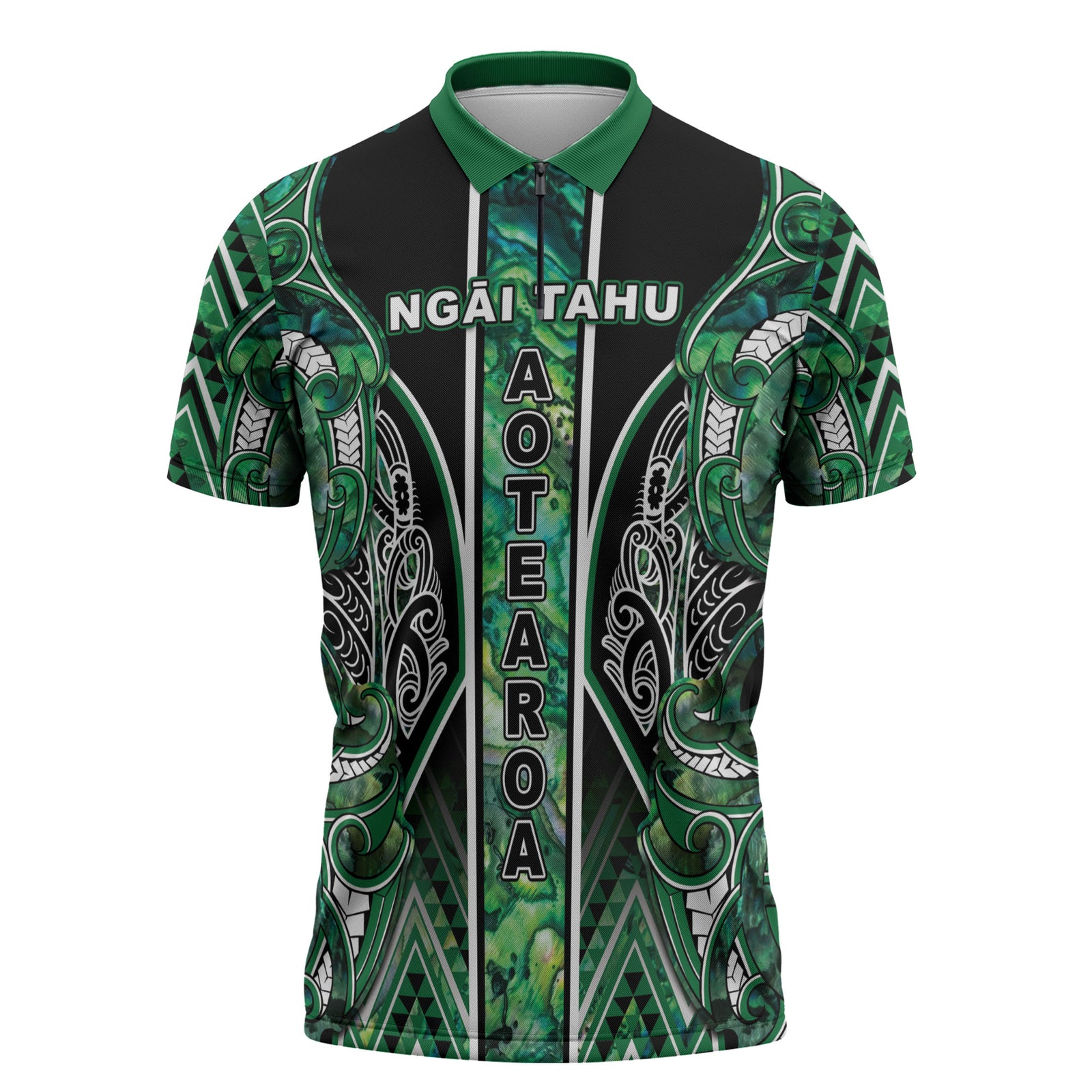 Aotearoa Ngai Tahu Zipper Polo Shirt Maori Tribal Dark Green Paua Shell Pattern DT05 Green - Polynesian Pride