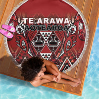Aotearoa Te Arawa Beach Blanket Maori Tribal Dark Red Paua Shell Pattern