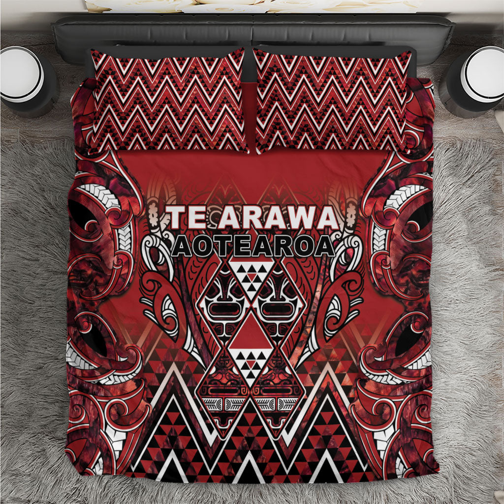 Aotearoa Te Arawa Bedding Set Maori Tribal Dark Red Paua Shell Pattern