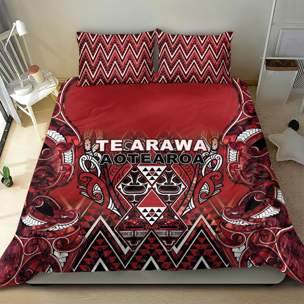 Aotearoa Te Arawa Bedding Set Maori Tribal Dark Red Paua Shell Pattern