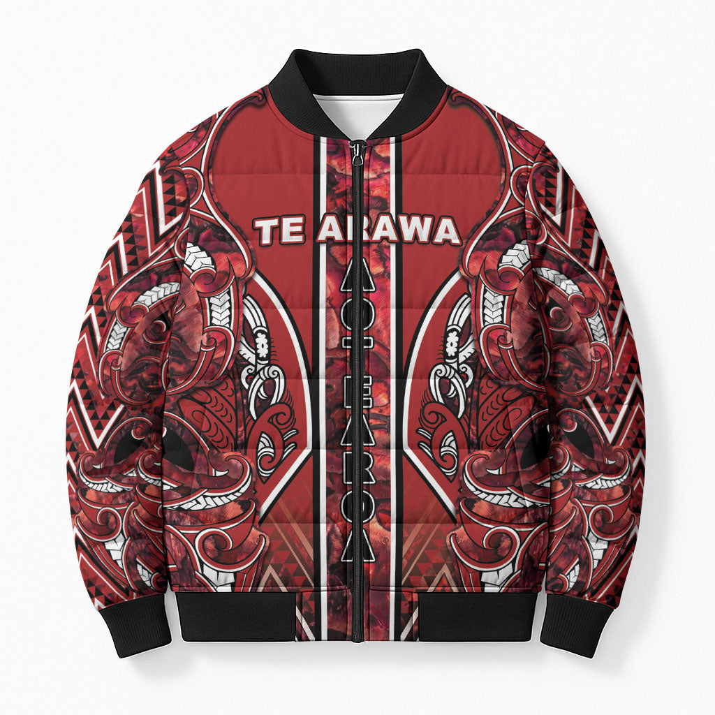 Aotearoa Te Arawa Bomber Puffer Jacket Maori Tribal Dark Red Paua Shell Pattern