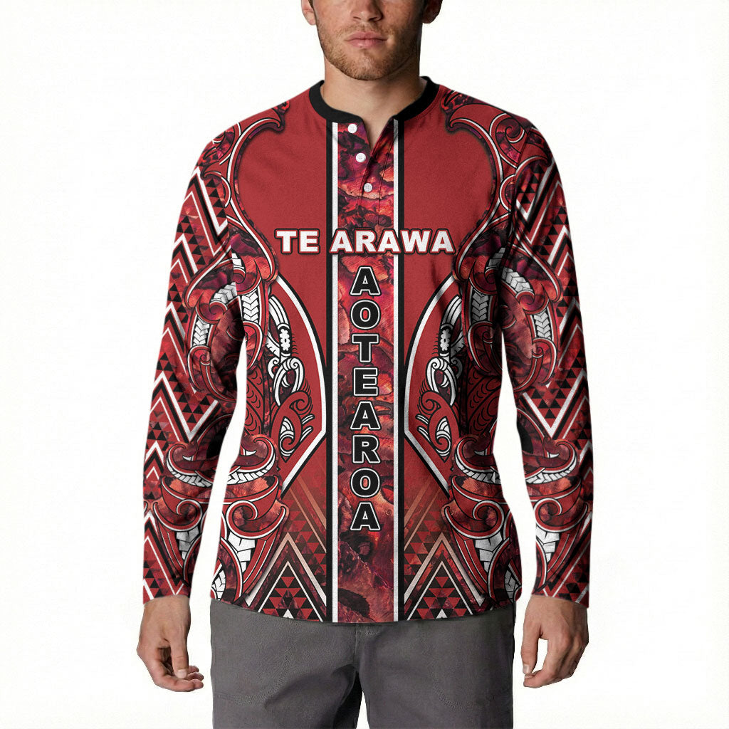 Aotearoa Te Arawa Button Sweatshirt Maori Tribal Dark Red Paua Shell Pattern
