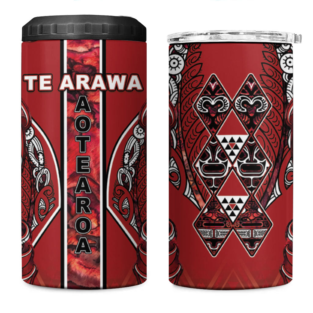 Aotearoa Te Arawa 4 in 1 Can Cooler Tumbler Maori Tribal Dark Red Paua Shell Pattern