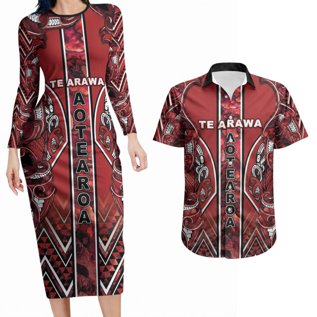 Aotearoa Te Arawa Couples Matching Long Sleeve Bodycon Dress and Hawaiian Shirt Maori Tribal Dark Red Paua Shell Pattern