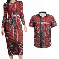 Aotearoa Te Arawa Couples Matching Long Sleeve Bodycon Dress and Hawaiian Shirt Maori Tribal Dark Red Paua Shell Pattern