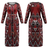 Aotearoa Te Arawa Couples Matching Long Sleeve Bodycon Dress and Hawaiian Shirt Maori Tribal Dark Red Paua Shell Pattern