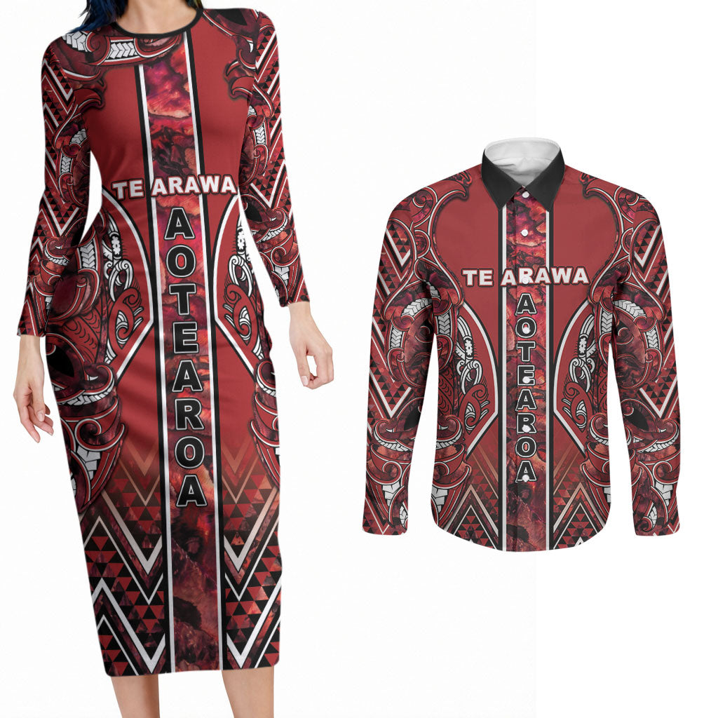 Aotearoa Te Arawa Couples Matching Long Sleeve Bodycon Dress and Long Sleeve Button Shirt Maori Tribal Dark Red Paua Shell Pattern
