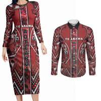 Aotearoa Te Arawa Couples Matching Long Sleeve Bodycon Dress and Long Sleeve Button Shirt Maori Tribal Dark Red Paua Shell Pattern
